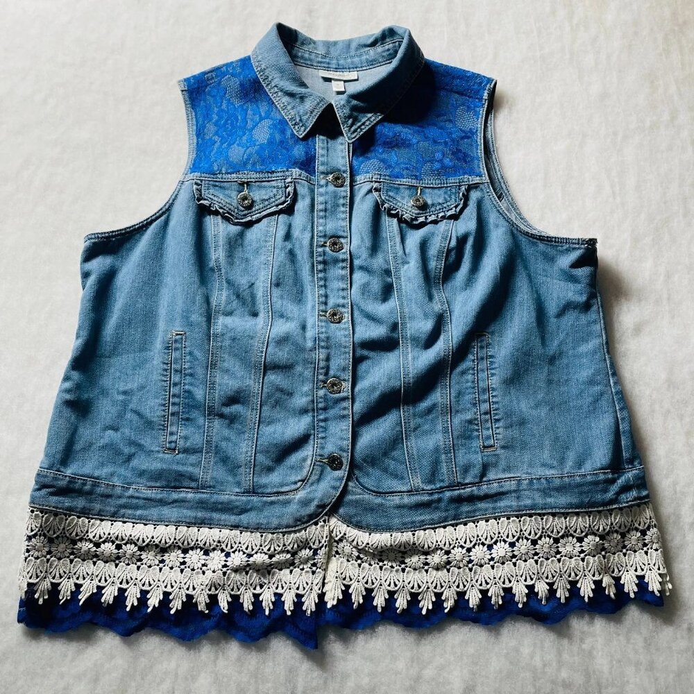 Dressbarn Womens Blue Crochet Lace Detailing Western Y2K Denim Vest Size 3X